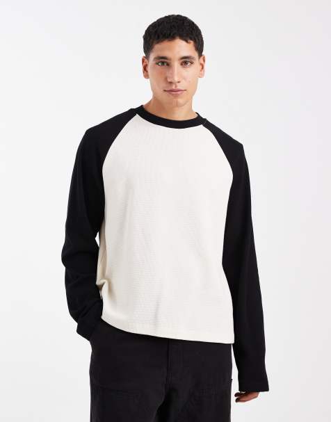 ASOS DESIGN - Maglietta a maniche lunghe squadrata oversize in piqué color crema con maniche raglan a contrasto - view 1