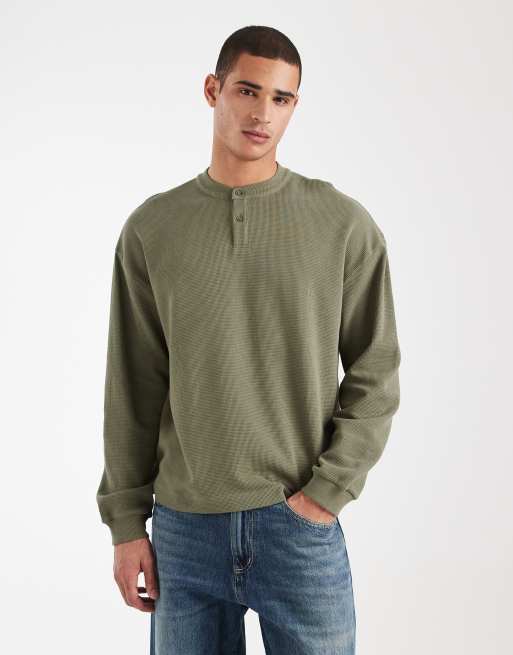 ASOS DESIGN - Maglietta a maniche lunghe squadrata oversize in piqué color kaki con collo serafino