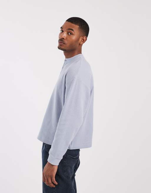 ASOS DESIGN - Maglietta a maniche lunghe squadrata oversize in tessuto a nido d'ape blu con scollo serafino, 3 di 5