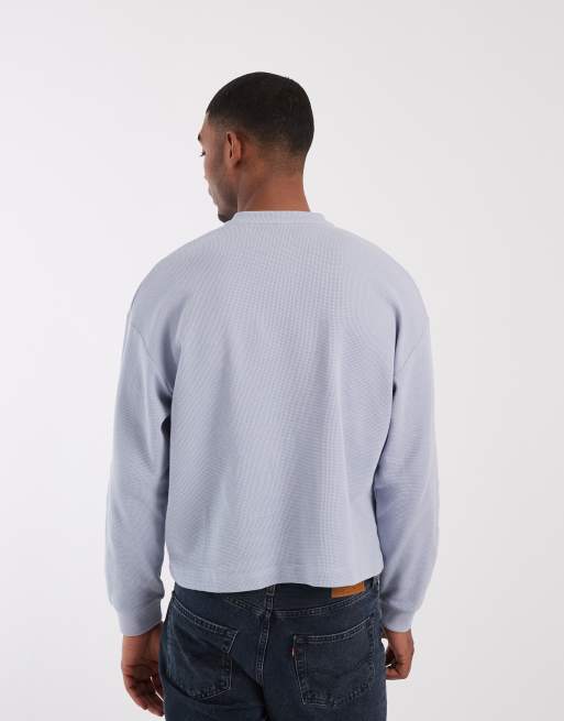 ASOS DESIGN - Maglietta a maniche lunghe squadrata oversize in tessuto a nido d'ape blu con scollo serafino, 4 di 5