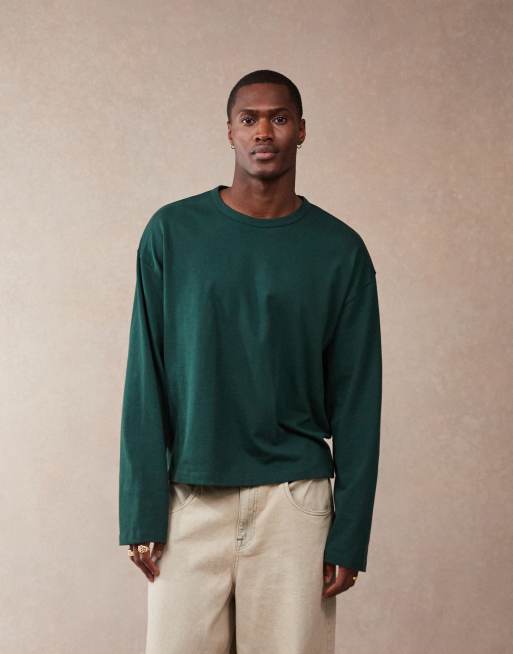 ASOS DESIGN - Maglietta a maniche lunghe squadrata oversize in tessuto pesante verde scuro da 240 gsm