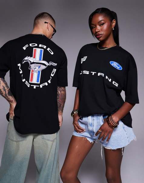 ASOS DESIGN - Maglietta a maniche lunghe squadrata oversize nera con stampa Ford Mustang - view 1
