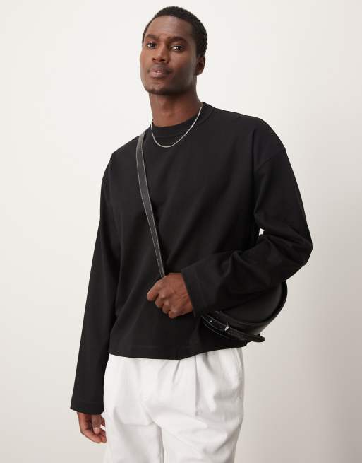ASOS DESIGN - Maglietta a maniche lunghe squadrata oversize premium nera in tessuto interlock da 300 gsm
