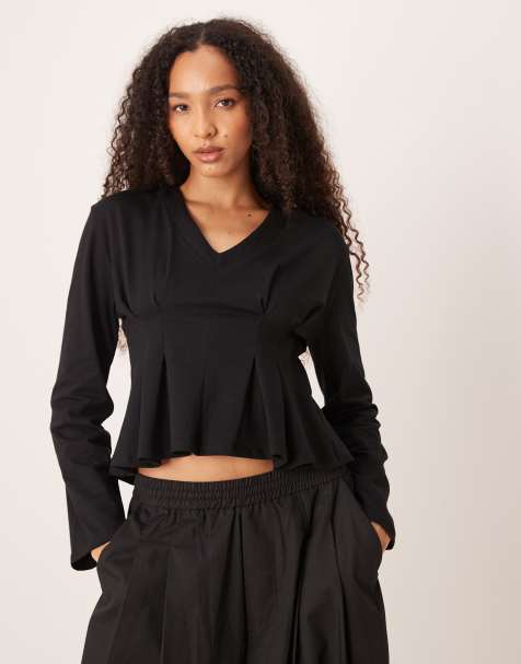 ASOS DESIGN - Maglietta a maniche lunghe stretta in vita nera con allacciatura - view 1