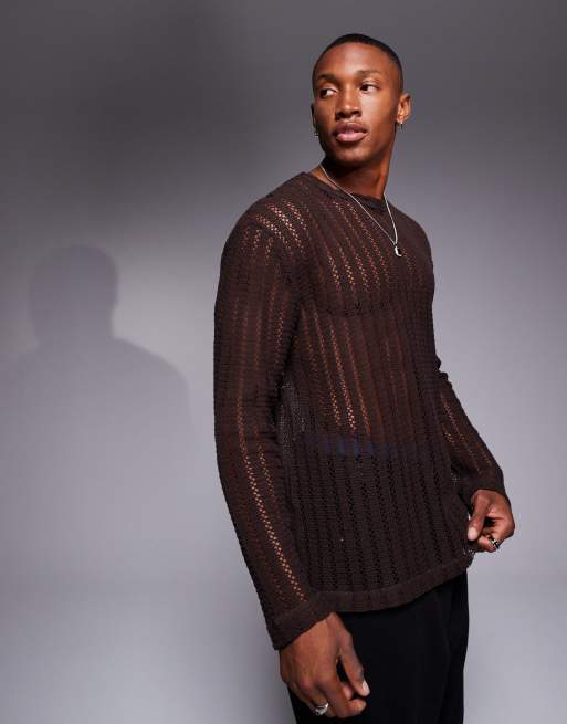 ASOS DESIGN - Maglietta a maniche lunghe taglio comodo marrone con finitura traforata testurizzata