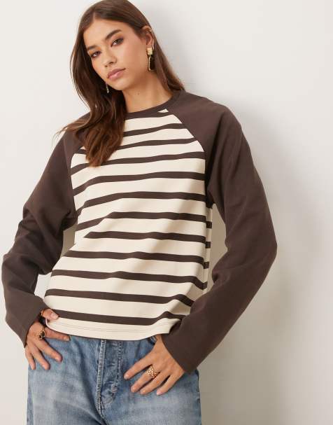 ASOS DESIGN - Maglietta a righe color cioccolato in interlock con maniche lunghe a contrasto - view 1