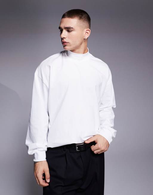 ASOS DESIGN - Maglietta accollata a maniche lunghe oversize in tessuto pesante bianca