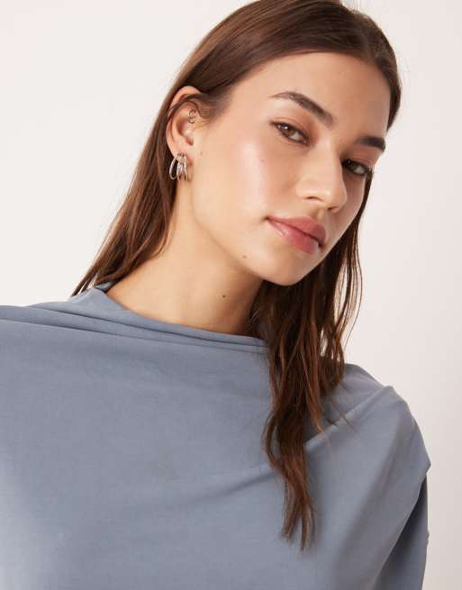 ASOS DESIGN - Maglietta accollata in modal con drappeggio color blu citidel, 4 di 4