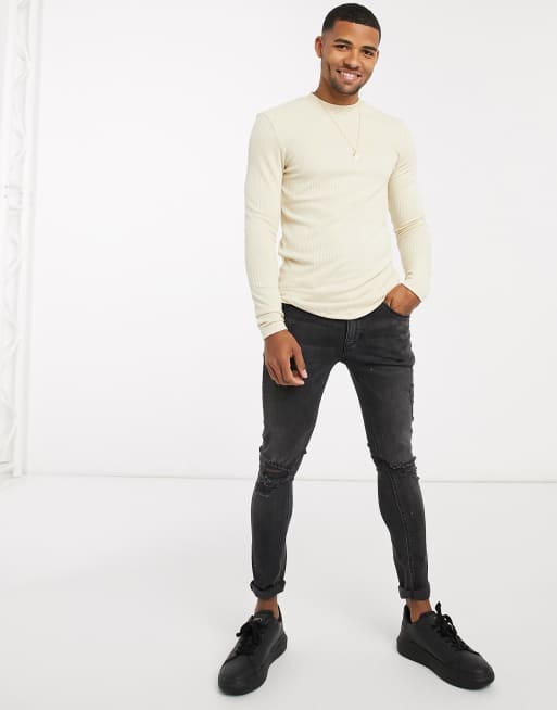 ASOS DESIGN - Maglietta attillata a maniche lunghe a coste beige, 4 di 4