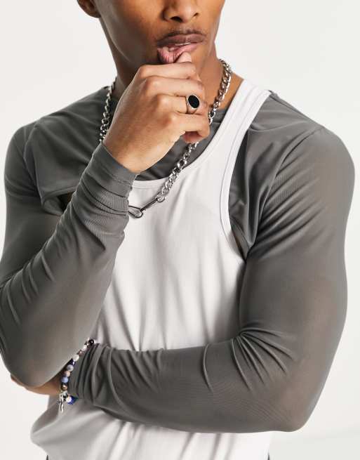 ASOS DESIGN - Maglietta attillata a maniche lunghe grigia con strato in rete e cut-out