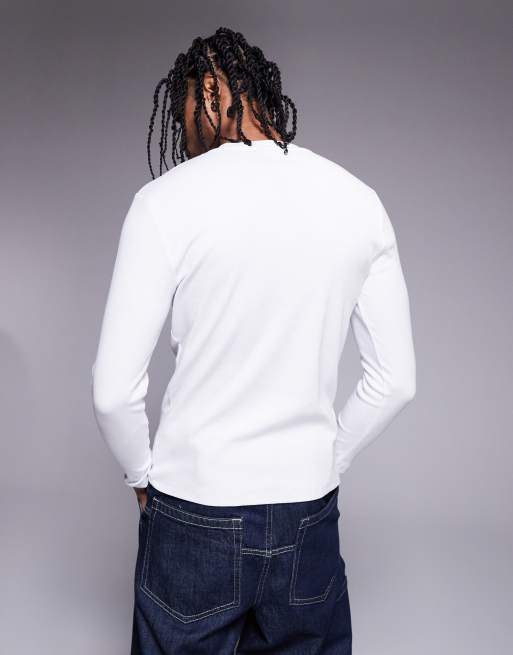 ASOS DESIGN - Maglietta attillata bianca a coste a maniche lunghe con collo serafino  , 4 di 4