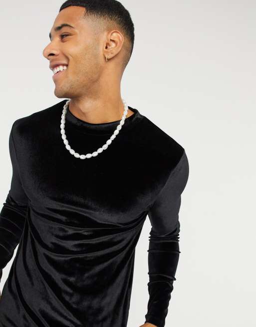 ASOS DESIGN - Maglietta attillata nera a maniche lunghe in velour