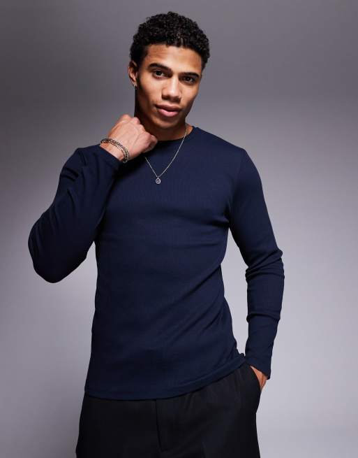 ASOS DESIGN - Maglietta attillata pesante a maniche lunghe blu navy