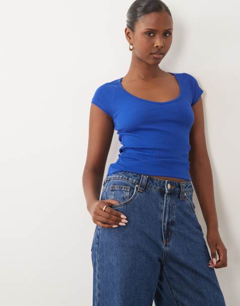 ASOS DESIGN maglietta baby a coste con maniche raglan e scollo a V in blu acceso - view 1