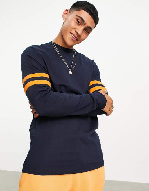 ASOS DESIGN - Maglietta blu navy a maniche lunghe con righe sulle maniche