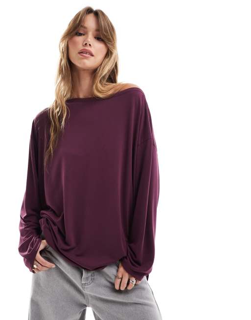 ASOS DESIGN - Maglietta bordeaux in modal a maniche lunghe vestibilità comoda con spalla scoperta