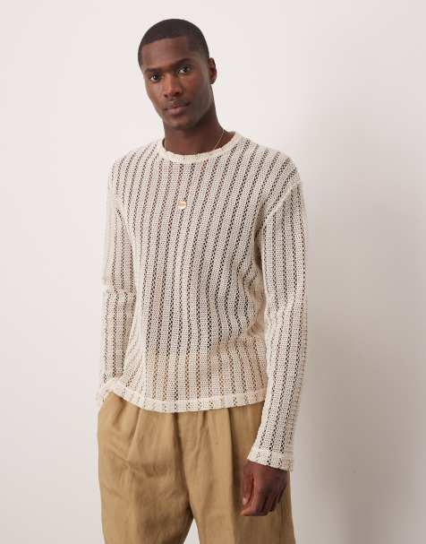 ASOS DESIGN - Maglietta comoda a maniche lunghe color crema all'uncinetto con collo ampio - view 1