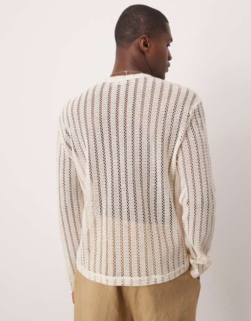 ASOS DESIGN - Maglietta comoda a maniche lunghe color crema all'uncinetto con collo ampio , 2 di 4