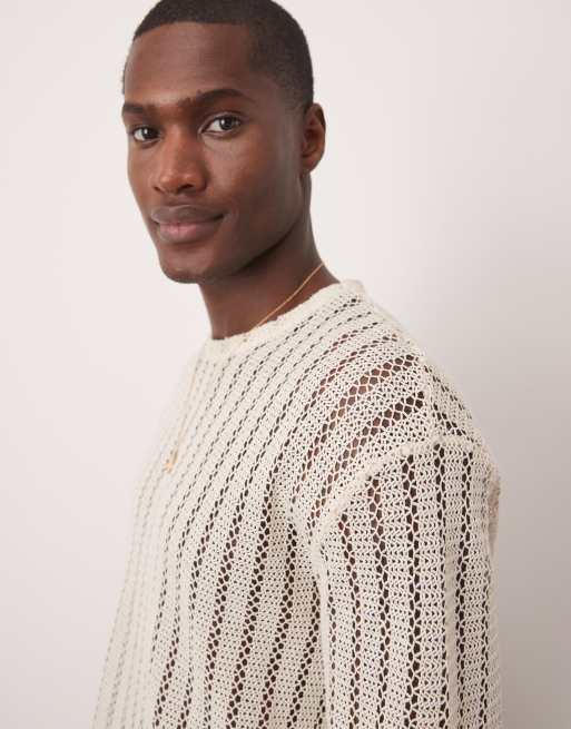 ASOS DESIGN - Maglietta comoda a maniche lunghe color crema all'uncinetto con collo ampio , 4 di 4