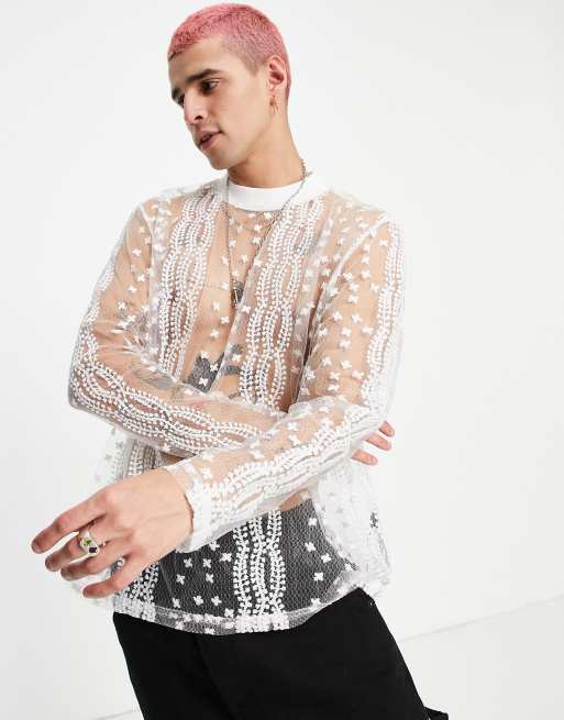 ASOS DESIGN - Maglietta comoda a maniche lunghe in tessuto ricamato trasparente, colore bianco
