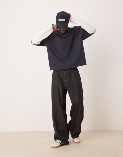 ASOS DESIGN - Maglietta con maniche lunghe a doppio strato blu navy pesante oversize squadrata - view 1
