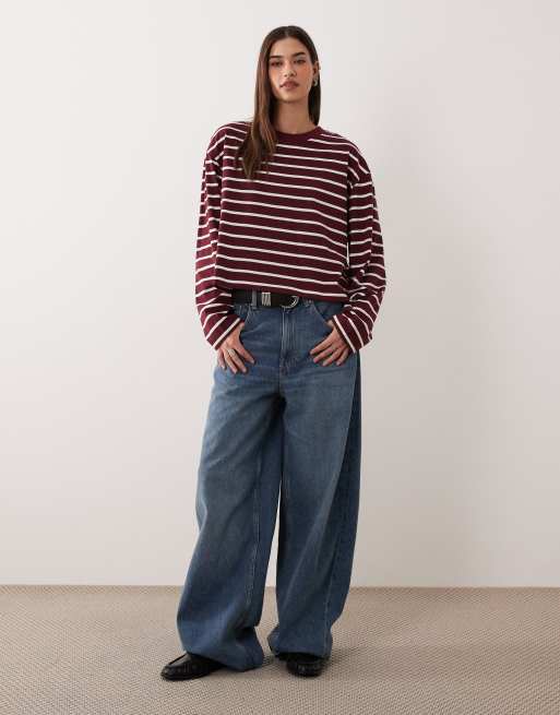 ASOS DESIGN - Maglietta corta squadrata a maniche lunghe a righe color bacca, 2 di 4