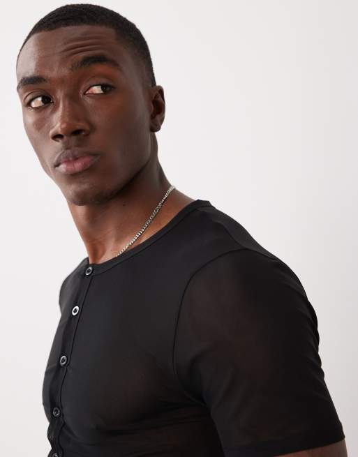 ASOS DESIGN maglietta henley muscle in rete nera, 3 di 5