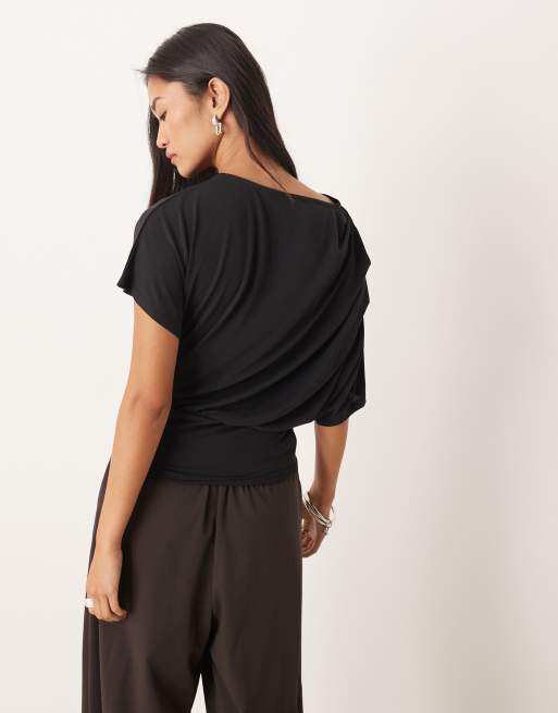 ASOS DESIGN - Maglietta monospalla nera in modal con vita stretta e drappeggio, 4 di 4