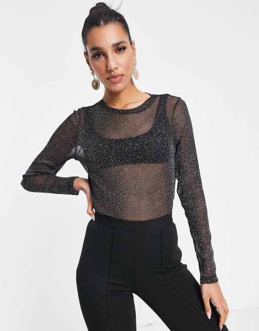 Asos Design Maglietta Nera Glitterata A Rete E Maniche Lunghe Asos