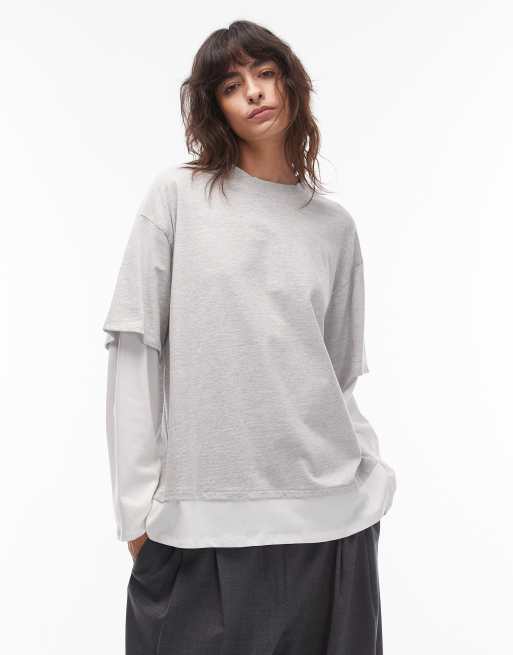 ASOS DESIGN - Maglietta oversize a maniche lunghe a strati color bianco e grigio mélange