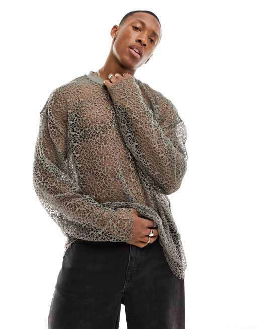ASOS DESIGN - Maglietta oversize a maniche lunghe in rete verde traforata