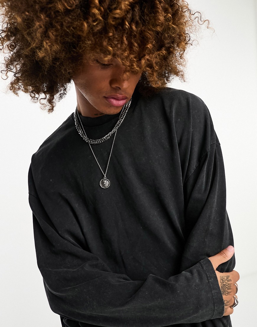 Maglietta oversize a maniche lunghe in tessuto pesante nero slavato - ASOS DESIGN T-shirt donna  - immagine1