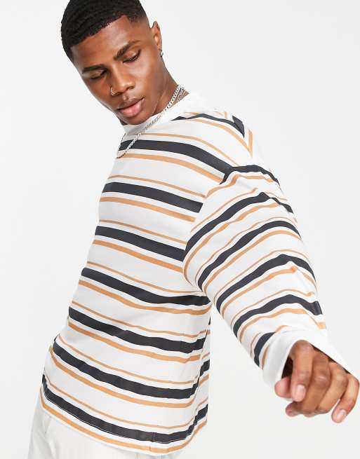 ASOS DESIGN - Maglietta oversize a maniche lunghe marrone e bianca a righe