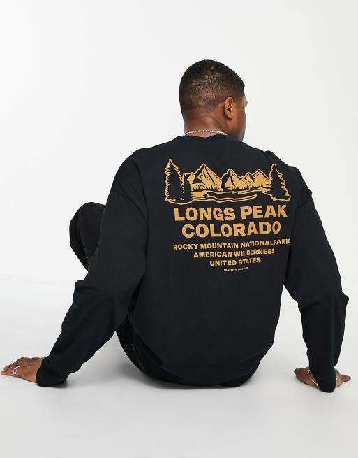ASOS DESIGN - Maglietta oversize a maniche lunghe nera con stampa di montagna sul retro