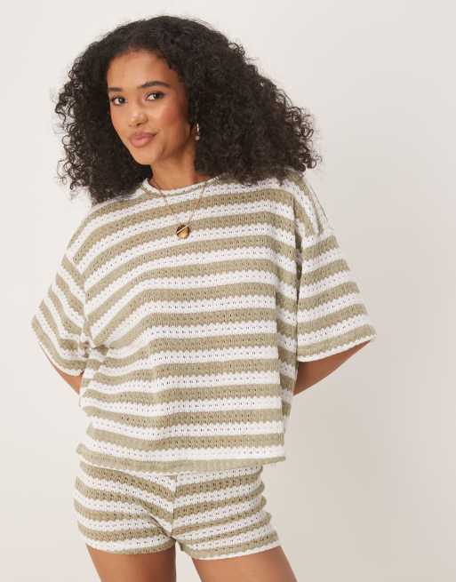 ASOS DESIGN - Maglietta oversize a righe kaki e bianche in coordinato