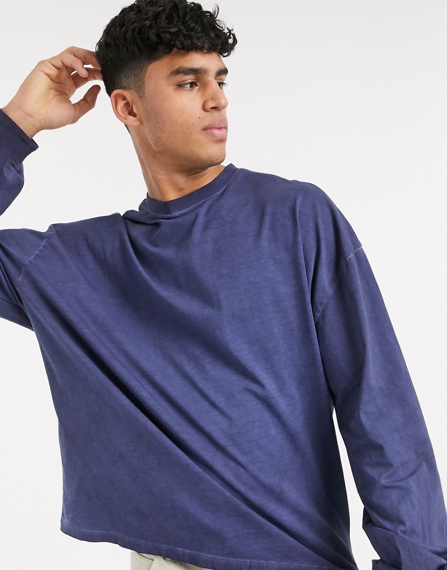 ASOS DESIGN - Maglietta oversize lavaggio pigmentato blu navy con maniche lunghe a soffietto