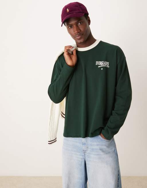 ASOS DESIGN - Maglietta oversize squadrata a maniche lunghe verde con scritta