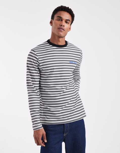 ASOS DESIGN - Maglietta pesante a maniche lunghe testurizzata bianca e nera a righe con stampa sul petto - view 1