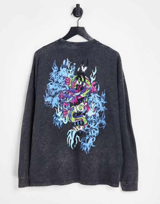 ASOS DESIGN - Maglietta pesante oversize a maniche lunghe nero slavato con stampa di drago
