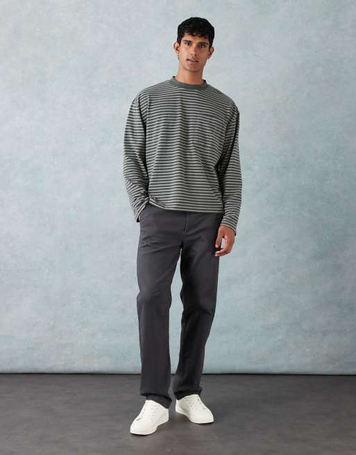 ASOS DESIGN - Maglietta pesante verde a righe sottili squadrata oversize a maniche lunghe con tasca , 2 di 5
