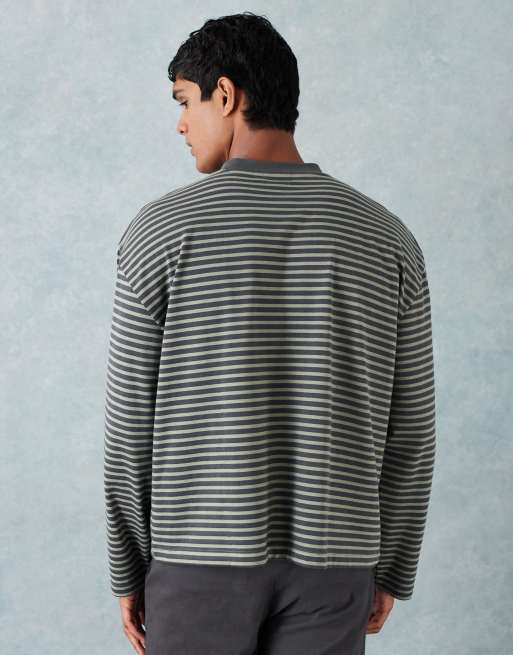 ASOS DESIGN - Maglietta pesante verde a righe sottili squadrata oversize a maniche lunghe con tasca , 3 di 5