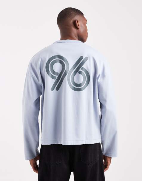 ASOS DESIGN - Maglietta premium a maniche lunghe squadrata oversize in tessuto pesante da 330 gsm azzurra con grafica di numero - view 1