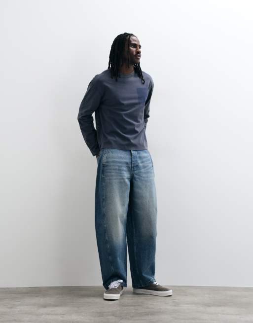 ASOS DESIGN maglietta relaxed squadrata a maniche lunghe con tasca effetto ombra in blu navy slavato, 2 di 5