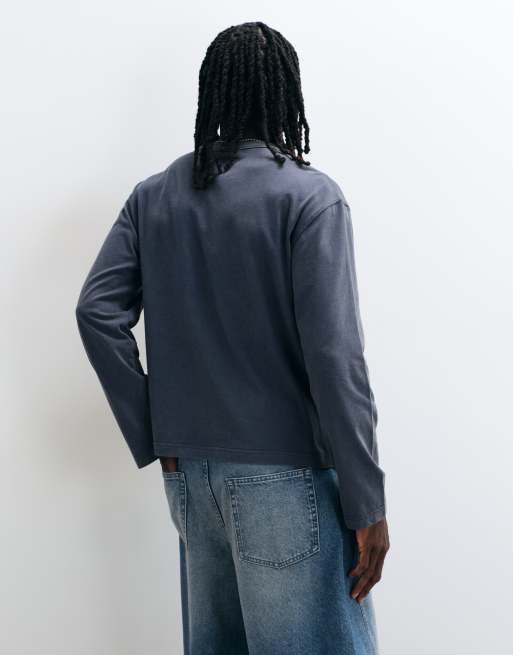 ASOS DESIGN maglietta relaxed squadrata a maniche lunghe con tasca effetto ombra in blu navy slavato, 5 di 5