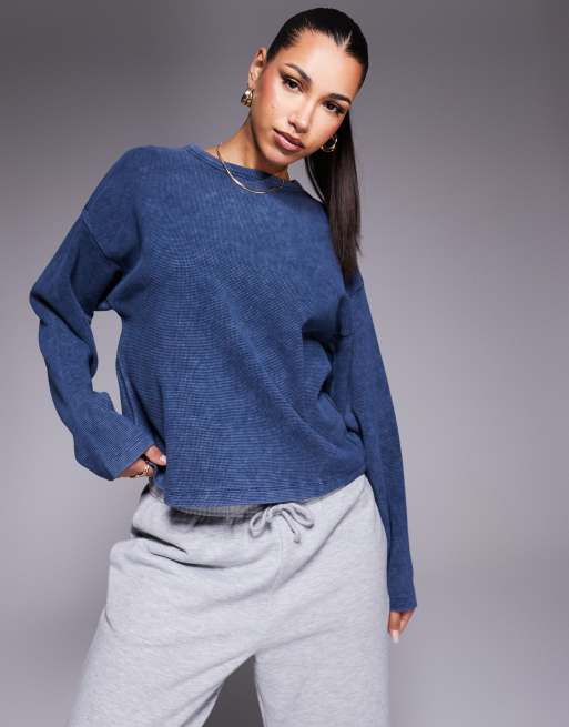 ASOS DESIGN - Maglietta squadrata in piqué a maniche lunghe blu navy