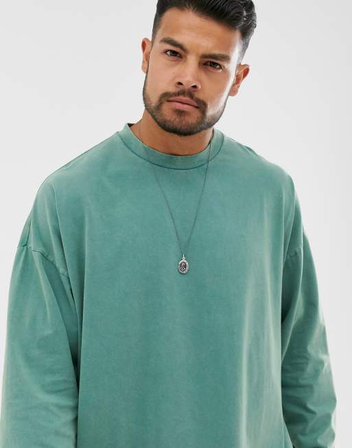 ASOS DESIGN - Maglietta squadrata oversize a maniche lunghe color verde lavaggio acido, 3 di 4