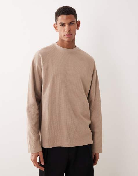 ASOS DESIGN - Maglietta squadrata oversize a maniche lunghe raglan a nido d'ape beige - view 1