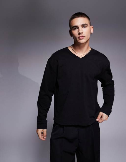 ASOS DESIGN - Maglietta squadrata vestibilità comoda a maniche lunghe in tessuto pesante nero con scollo a V