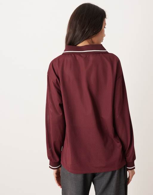 ASOS DESIGN - Maglietta stile calcio a maniche lunghe bordeaux con dettagli in pizzo rosa, 4 di 4