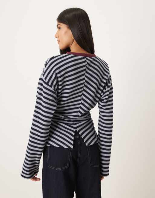 ASOS DESIGN - Maglietta super morbida a maniche lunghe con vita stile corsetto blu a righe, 2 di 4